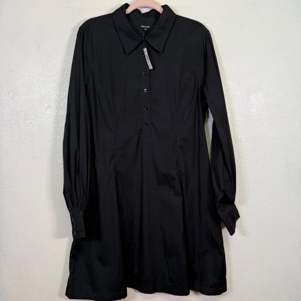 Madewell Dress 14 Black Seamed Long Sleeve Mini Poplin Shirtdress Pockets NV025 - Picture 3 of 13